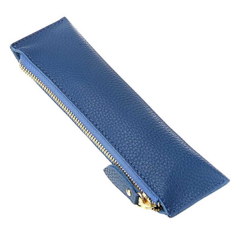 BTSKY Genuine Leather Pencil Case - Zippered Pen Case Stationery Bag Zipper Pouch Pencil Holder(Blue) - Image 1